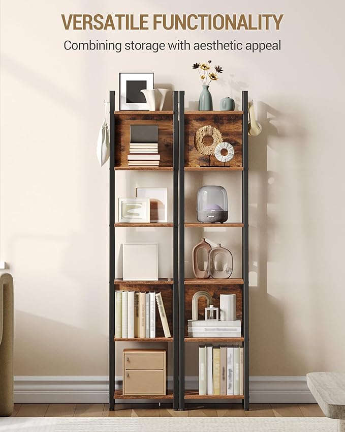 Hzuaneri Ladder Shelf, 6-Tier Narrow Bookshelf with 2 Back Panels, Industrial Ladder Shelf with 2 Hooks, for Home Office, Living Room and Bedroom, 12.2" D x 12.2" W x 63" H, Rustic Brown BC31601B