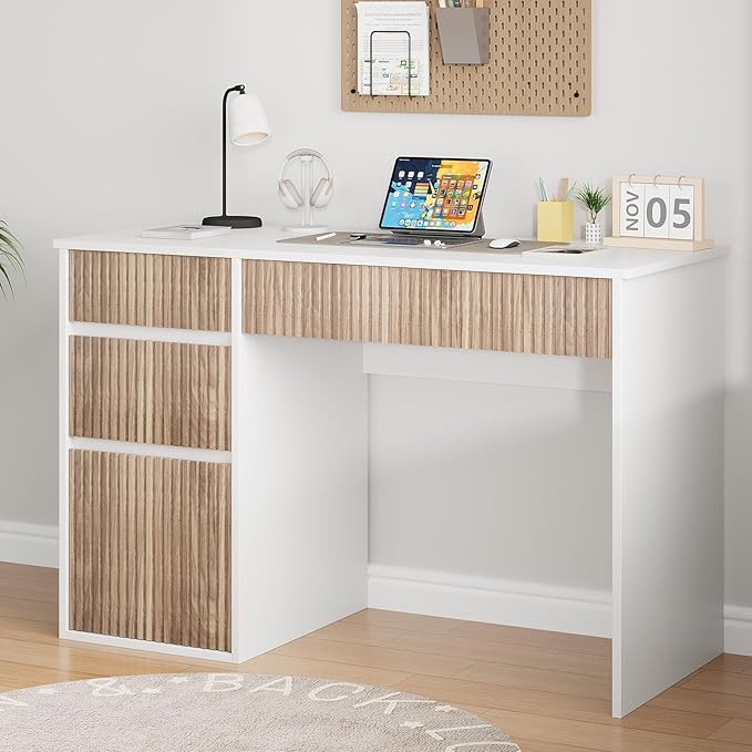 4 EVER WINNER White Desk with Drawers, 48 Inch Computer Desk with Hidden Handle and Storage Cabinet, Writing Desk with Drawers for Home Office Study Table, White and Walnut