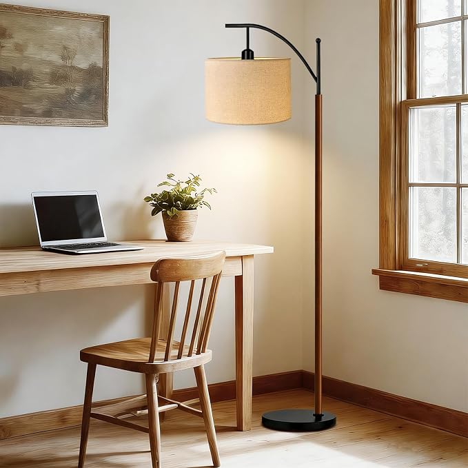 ILLMTW Arc Floor Lamp for Living Room,Bedroom,Vintage Mid Century Modern Standing Lamp with Remote Dimmable,Wood Boho Black Tall Lamp Fabric Lamp Shade Floor Lights Bohemian Tiffany Style