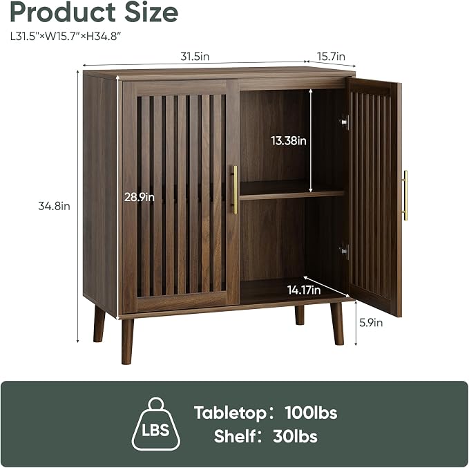 Smart FENDEE Sideboard Cabinet, 31.5" W Farmhouse Buffet Cabinet with Slatted Doors & Adjustable Shelf, Wood Coffee Bar Storage Station for Kitchen, Dining Room, Living Room, Entryway, Walnut Color