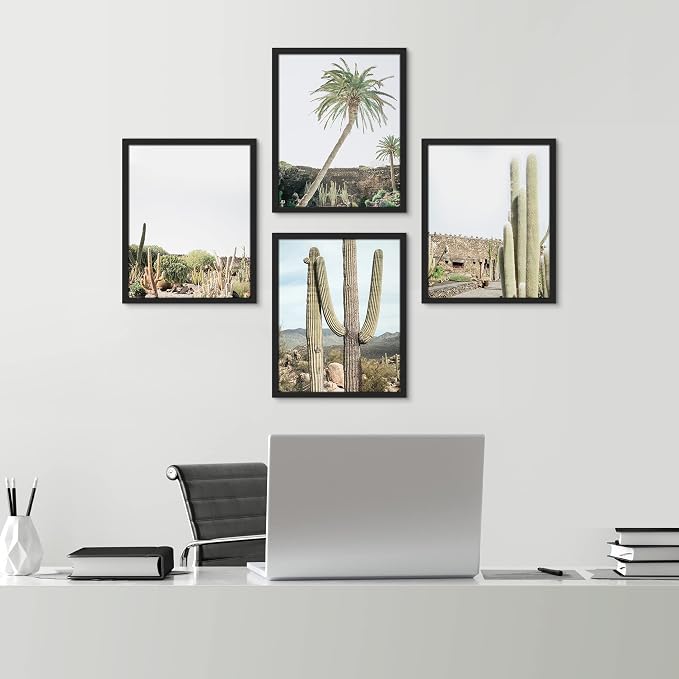 SIGNWIN Framed Tropical Palm Tree Saguaro Cactus Wall Art, Set of 4 Desert Landscape Wall Decor Prints, Nature Wilderness Wall Décor for Living Room, Bedroom - 12"x16" Black