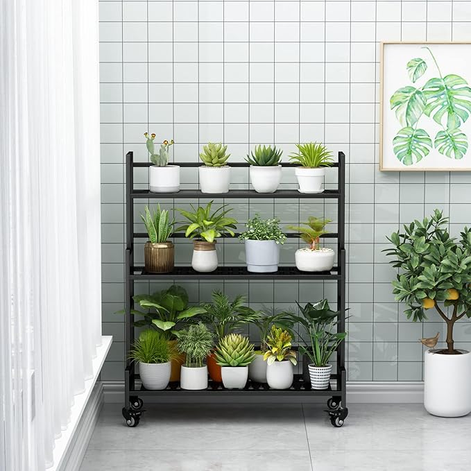 YIZAJIA Plant Stand Indoor 3 Tier Metal Outdoor Tiered Stands Shelf With wheel for Multiple Plants Potted Ladder Plant Holder Table Plant Pot Stand for Window Garden Balcony Living Room
