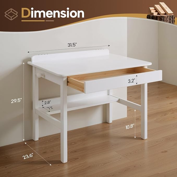 Solid Wood Study Desk & Home Office Writing Table with Drawers, 31" Vintage Mid Century Modern Computer Desk, Home Office Workstation for Bedroom, Small Spaces, Apartment(White,31.5 Inch Wide)