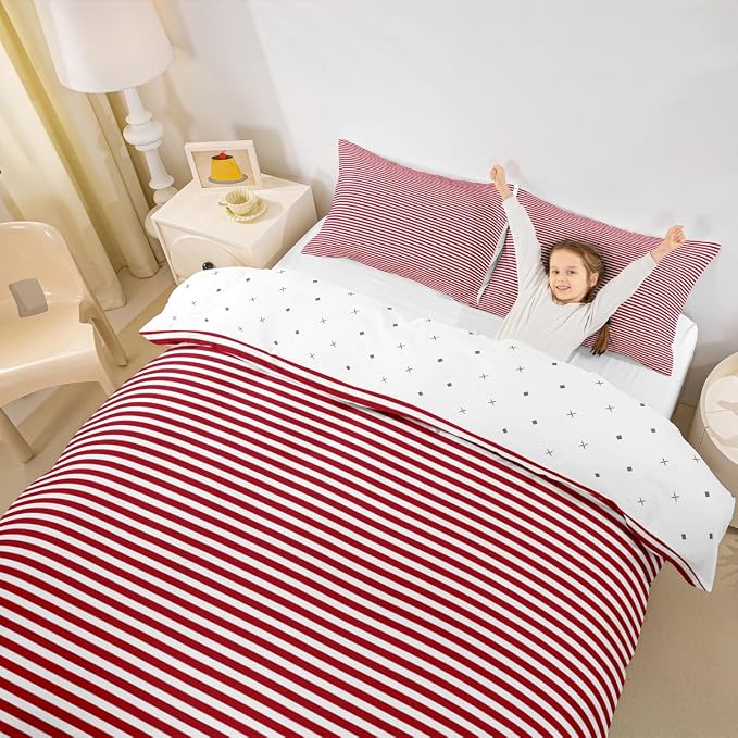 Erosebridal Striped Toddler Duvet Cover Red and White Geometric Stripe Comforter Cover for Kids Teens | Farmhouse Ticking Stripes Bedding Set Horizontal Stripes Modern Abstract Bed Set