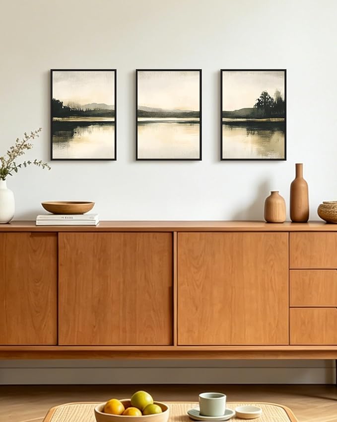 KUVIOKE Watercolor Abstract Mountain Lake Framed Wall Art Brown Landscape Nature Wilderness Painting Nordic Neutral Tan Illustration Decorative Home Decor 11x14in (Black Framed)