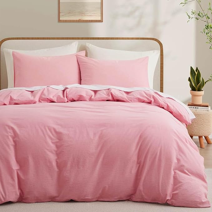 LOVQUE Pink Cotton Duvet Cover Queen Size, Linen Like Natural Bedding Set with Zipper Closure (No Comforter), 90x90 Inches