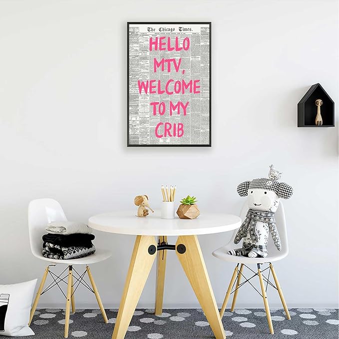 Retro Hello Mtv Welcome To My Crib Posters Pink Font Newspaper Canvas Wall Art Positive Affirming 70'S Room Aesthetic Prints Painting For Home Bedroom Dorm Wall Decor 16x24in Framed