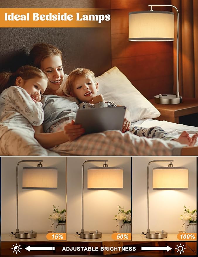Innqoo Gray Side Table Lamp with USB Port and Outlet, Dimmable Nightstand Bedside Lamps with Linen Lampshade, Desk Lamp for Bedroom, Living Room, Guest Room, Home Office, LED Bulb Included
