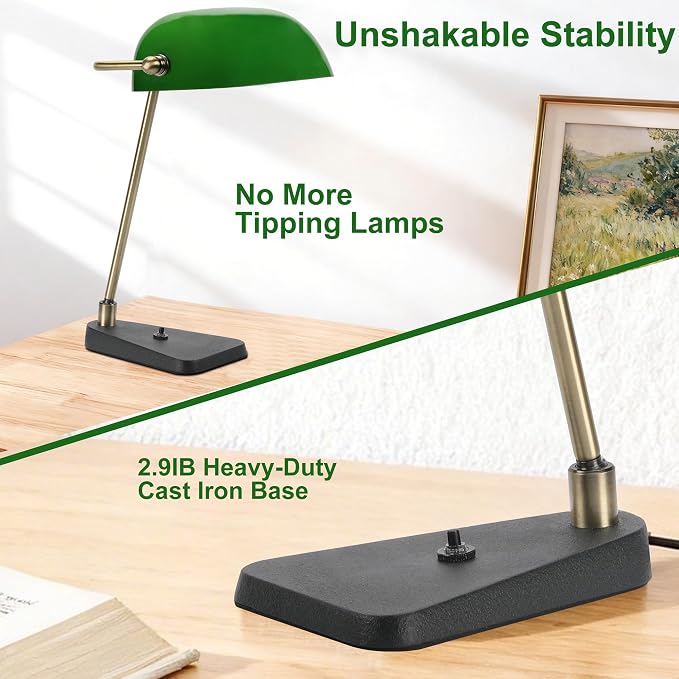 Green Bankers Desk Lamp, Antique Brass Frame & Black Base | 2.9lb Heavy Duty Cast Iron Base, 30° Swivel Head, Push Button Switch, Classic Decor for Home & Office