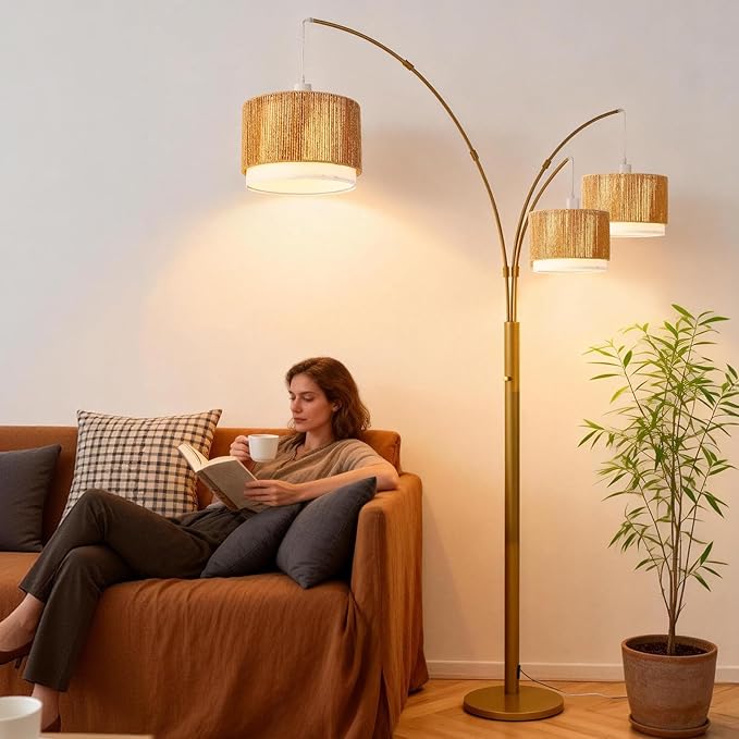 Gold Arc Floor Lamp for Living Room, Mid Century Floor Lamp with Stepless Dimmable Switch, Boho Standing Lamp with Wicker&Fabric Shade, Rattan Tall Lamp for Bedroom Over Couch Reading