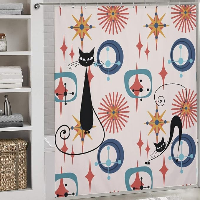 Mid Century Black Cat Shower Curtain,Modern Atomic Retro Abstract Geometric 60s 70s Iconic Decor Fabric Bathroom Curtain with Hook 72x72in（183x183cm）