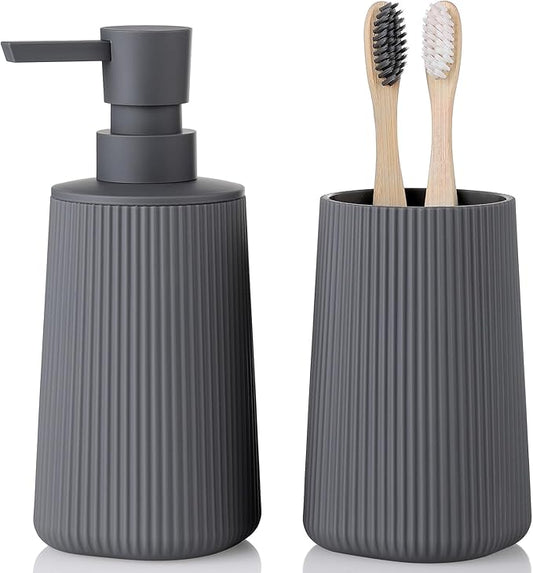 YAUKPH Bathroom Accessories Set 2 Piece Soap Dispenser and Toothbrush Holder for Bathroom Countertop Striped Gray