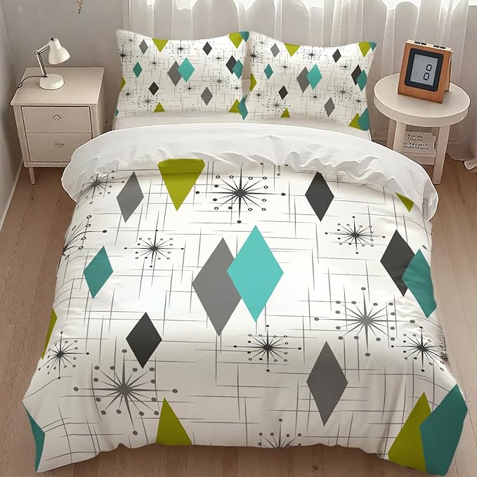 Mid Century Bedding Set,Retro Starbursts Abstract Green Grey Geometric Minimalist 1950s 60s Pattern Comforter Set with Pillowcase for Bedroom Bed Decor,Queen 90"x90"