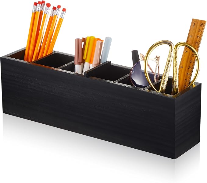 Jetec Wooden Pencil Pen Holder for Desk 6 Compartments Cosmetic Makeup Brush Stationery Office Desktop Organizers for Countertop Adjustable Silverware Caddy for Party, Art Supplies, Home Decor(Black)