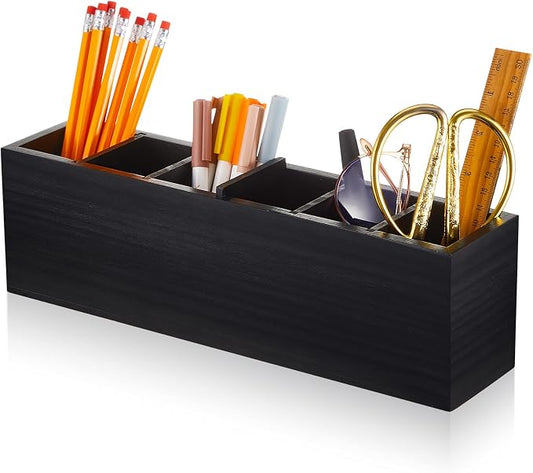 Jetec Wooden Pencil Pen Holder for Desk 6 Compartments Cosmetic Makeup Brush Stationery Office Desktop Organizers for Countertop Adjustable Silverware Caddy for Party, Art Supplies, Home Decor(Black)