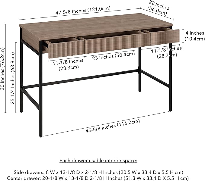 Henn&Hart 48" Fluted Mid-Century Modern Rectangular Wooden Home Office Desk Computer Desk Writing Table with 3 Ribbed Storage Drawers for Bedroom, Living Room, or Home Office, Weathered Gray