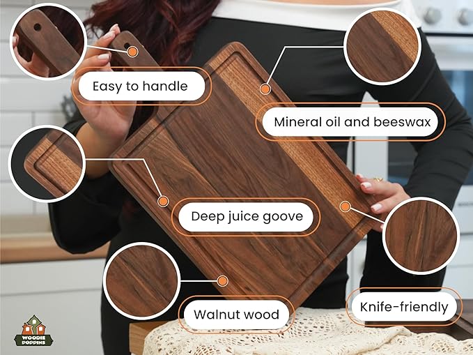 Premium American Dark Walnut Wood Cutting and Serving Board with Handle - Charcuterie Wooden Board - Durable, Stylish, and Versatile - Juice Groove - 16x9x0.8 in - Woodie Poppins