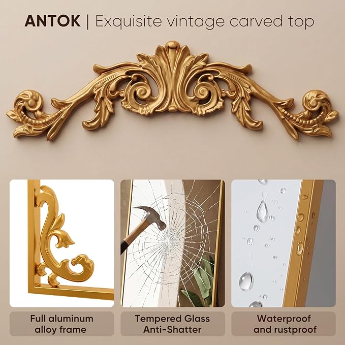 Antok Arched Full Length Mirror, 32"x71" Floor Mirror with Carved, Full Body Mirrors for HomeDecor, Large Wall Mirror with Corner Flower for Bedroom, Living Room, Gold, Luxury Style