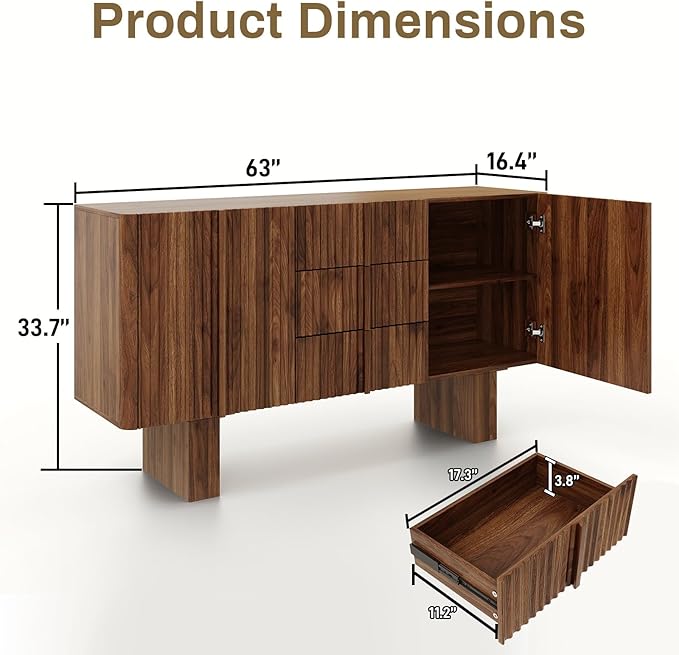 Rophefx 63" Buffet Cabinets with Storage, Wood Side Cabinet with 3 Drawers & 2 Doors, Mid-Century Modern Buffet Table with Anti-Tip Device & Foot Pads for Kitchen, Living Room, Dining Room（Walnut ）