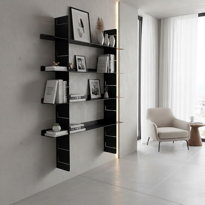 4 Tier Floating Wall Shelf, Metal Wall Mounted Book Shelf, Easy Install Metal Shelf, Heavy Duty Display Rack for Books, Decor, Bedroom, Living Room, Office (Black)