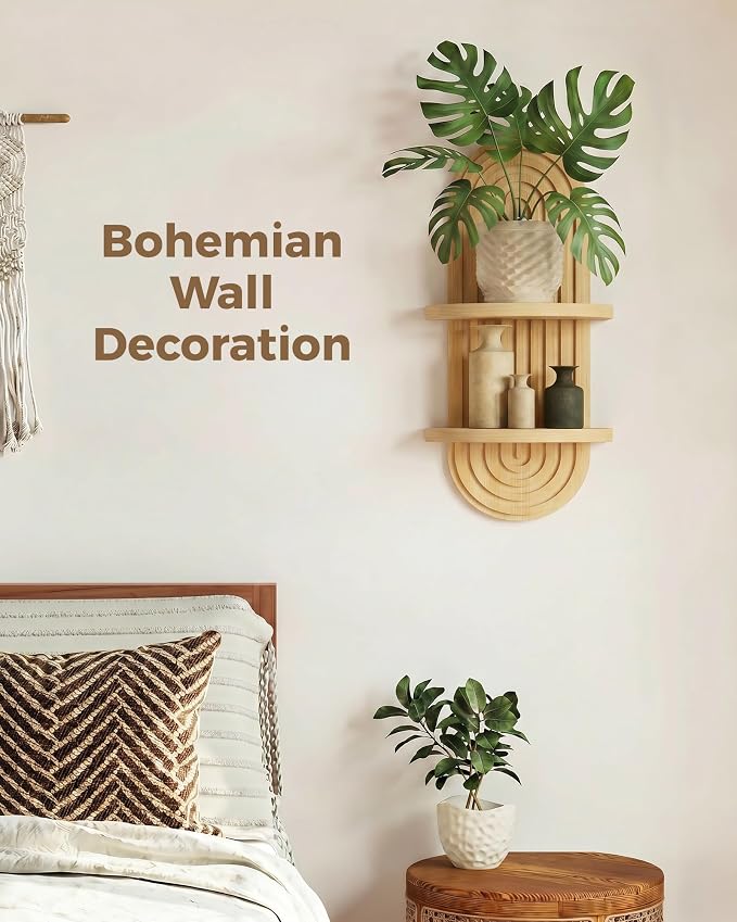 Bamworld Boho Wall Decor Plant Wall Shelf Mid Century Modern Decor Hanging 22in Plant Shelf 2-Tier Wooden Floating Shelves Natural