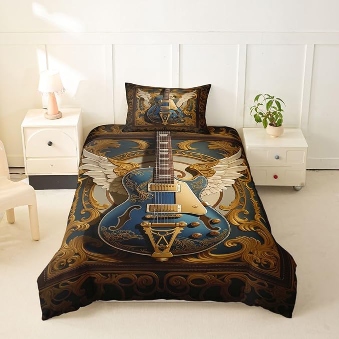 Erosebridal Guitar Toddler Bedding Set for Men Adults - Retro Baroque Rock Style Duvet Cover Luxury Angel Wings Guitar Comforter Cover,Rock Roll Music Aesthetic Bed Set