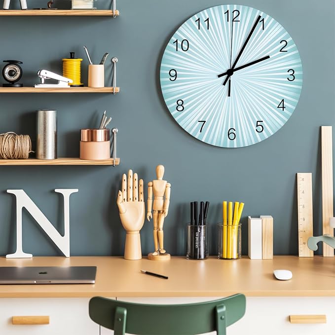 Abstract Wall Clock Battery Operated Non-Ticking 10" Round Wood Clocks, Sunburst Rays Light Blue Kitchen Wall Clock for School Bathroom Living Room Home Office Wall Decor