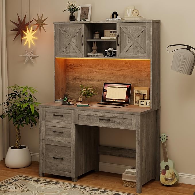 Farmhouse 67" H Executive Desk with Hutch,Office Desk with 4 Drawers and LED light, Computer Table with Storage Cabinet & File Drawers and Charging Station, Wood Workstation for Home Office and Study