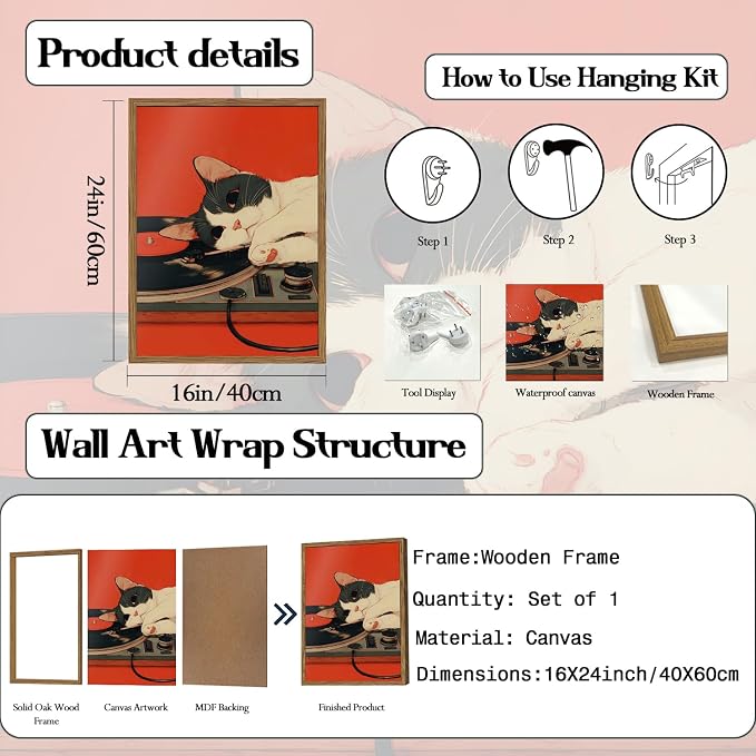 Cute Black and White Cat Wall Art Vintage Japanese Vinyl Record Wall Decor Painting, Retro Music Lover and Animal Poster Canvas Print Picture for Living Room Bedroom 16x24 inch Wood Framed