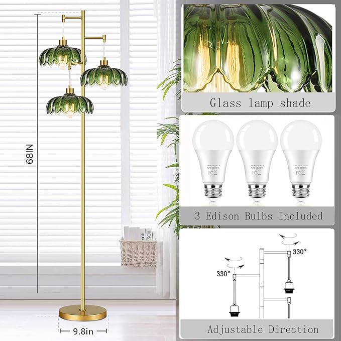 Glass Gold Floor Lamp for Living Room,Bedroom,Mid Century Modern Standing Lamp Brass Tree 3 Light Tall Floor Lamps Vintage Retro Floor Lights Green Flower Lamp Shade Farmhouse Boho Bohemian
