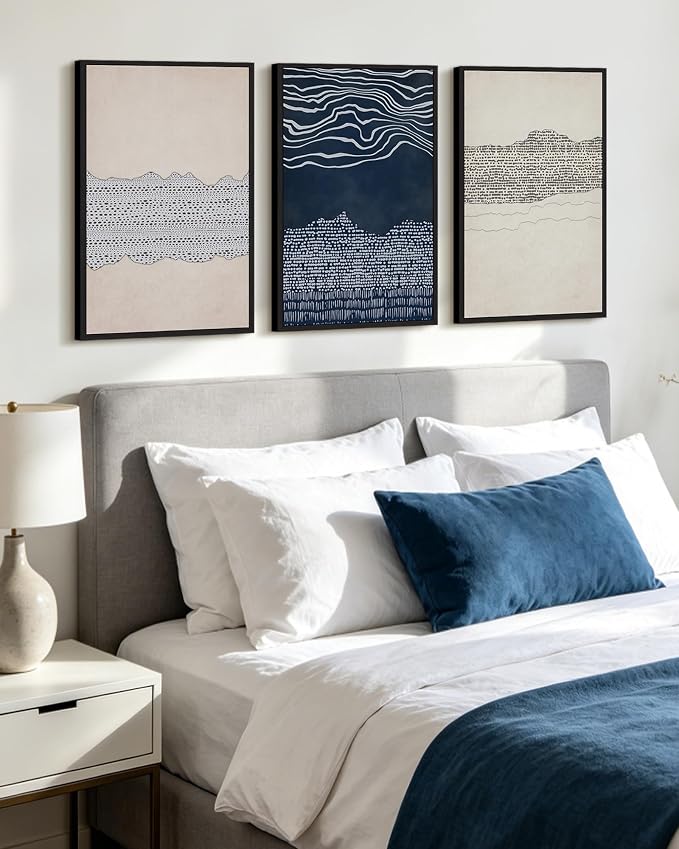 KUVIOKE Navy Blue Abstract Framed Wall Art Modern Neutral Minimalist Wooden Pastel Boho Wall Decor Farmhouse Rustic Art Painting Home Decor 16x24in (Black Framed)