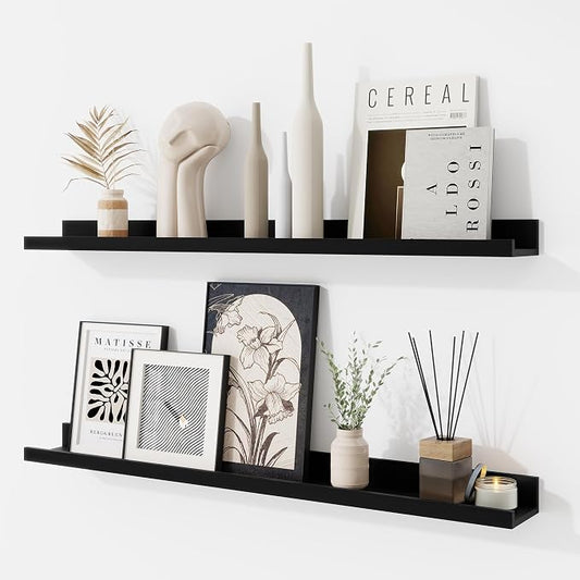 RICHFOCUS Picture Ledge Shelf, 30 inch Floating Shelves Set of 2, Wood Wall Shelves with Lip, Wall Decor Storage for Bedroom Living Room Bathroom Kitchen Nursery Photo Picture, Black