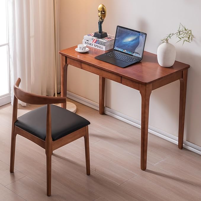 Solid Wood Desk with Drawers, Home Office Desk for Small Spaces, Gaming Work Study Desk, Student PC Desk for Bedroom, Easy to Assemble (Cherry Color, 39.4 inch)
