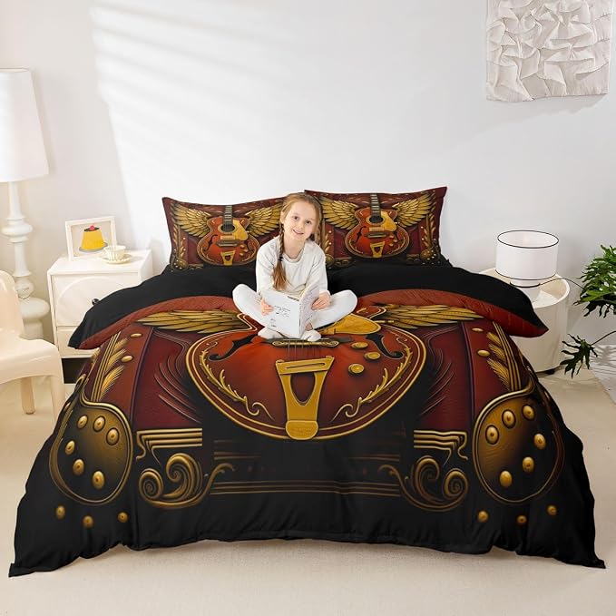 Erosebridal Guitar Comforter Cover King Luxury Angel Wings Guitar Bedding Set Vintage Baroque Style Room Decor Duvet Cover,Youth Rock Roll Music Bed Set