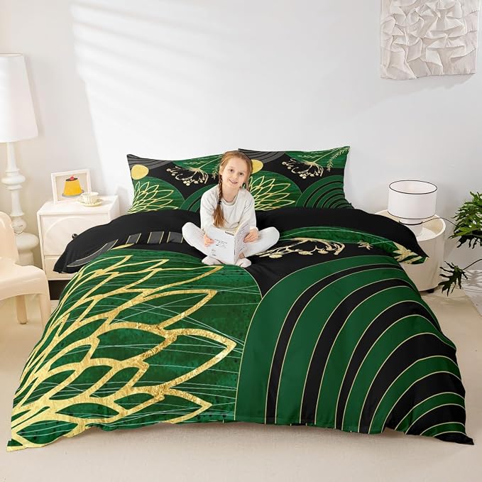 Mid Century Modern Duvet Cover Full Size for Kids Teens Adults - Green and Black Abstract Comforter Cover Boho Minimalist Aesthetic Bedding Set Chic Modern Geometric Bohemian Floral Bed Set