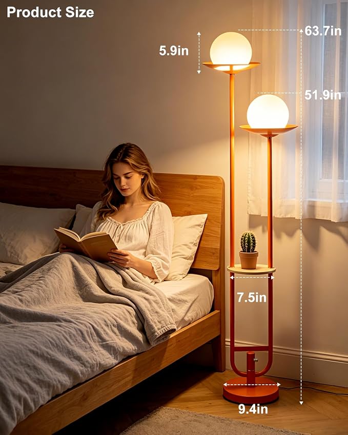 Orange Dimmable Double Globe Floor Lamp with Shelf, 63" 2-Light Mid Century Modern Standing Lamp for Living Room Bedroom, 3000K Warm White Tall Pole Lamp with Foot Switch for Home Office