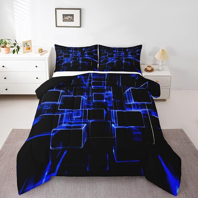 Erosebridal Honeycomb Blue and Black Kids Comforter Set, Modern Geometric Square Bedding for Boys Girls Gradient Neon Light Abstract Duvet Set Twin 2 Pieces