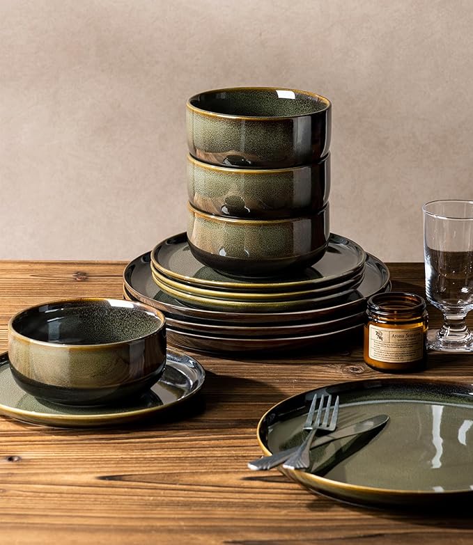 TheTerra Ceramic Dinnerware Sets, Handmade Reactive Glaze Plates and Bowls Set, Scratch Resistant Dish Set, Oven & Microwave & Dishwasher Safe, Sets for 4, Olive Green