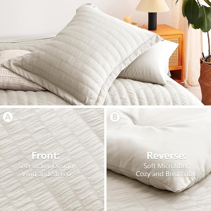 CozyLux Twin XL Comforter Set for College Dorm, 5 Pieces Beige Seersucker Twin Extra Long Bed in a Bag, Down Alternative Bedding Set with Comforter, Sheets, Pillowcase & Sham, Back to School Gift