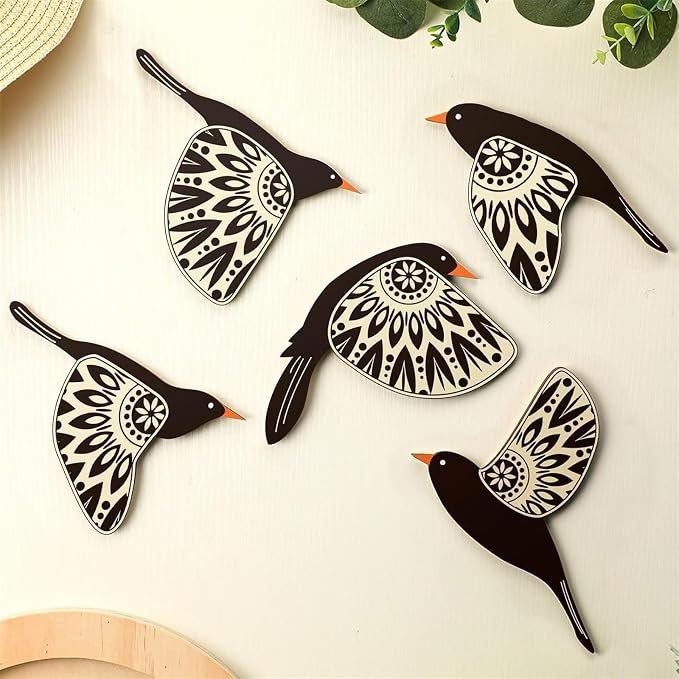 5 Piece Wooden Bird Wall Hanging Ornaments Set Farmhouses Scandinavian Home Decors For Bird Lover Handmade Wall Art Wood Nursery Wall Decorations