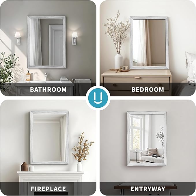 White Wood Effect Framed Wall Mirror, 20x30 Rectangle Mirror, 1/8" Anti-desilvering Tempered Glass, Sustainable& Sturdy Frame, Anti-Rust, HD Reflection &3min Fast Setup for Bathroom Living Room