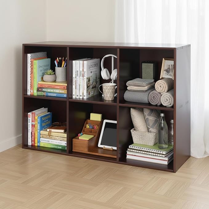 6-Cube Pine Wood Storage Organizer, Solid Wooden Bookshelf with Back Panel, 11in Shelf Opening Bookcase, Freestanding for Living Room, Bedroom, Office - Dark Brown (35.4 x 11.8 x 23.6in)