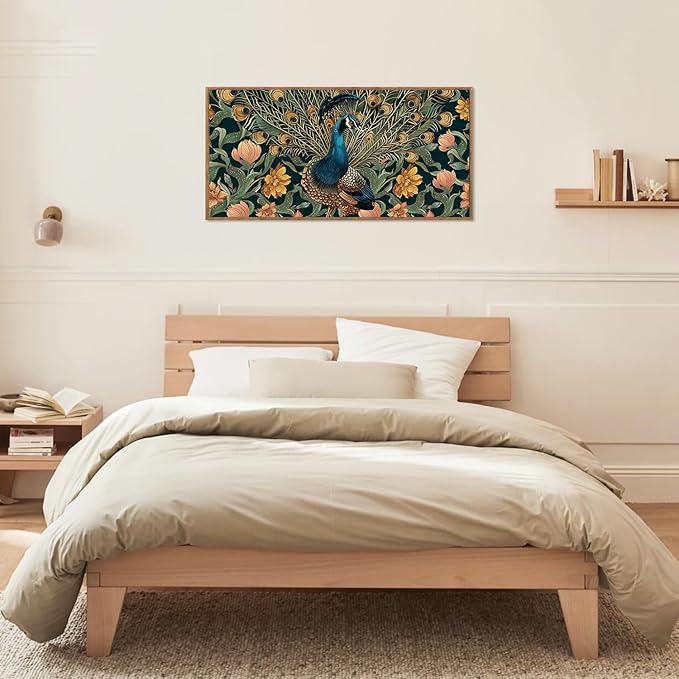 HLNIUC Peacock Wall Art Canvas,Vintage Animal Wall Art Flower,Peacock Artwork Framed,Animal Feather Artwork,Elegent Peacocks Poster Floral,Green Gold Peafowl Painting for Living Room,Home Office 20*40