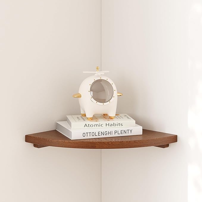Floating Corner Shelves Walnut 12", Solid Oak Wall Mounted Wooden Display Storage Rack with Wire Hole for Plants, Photos, Speakers, Bedroom, Kitchen, Living Room Décor - 1-Pack