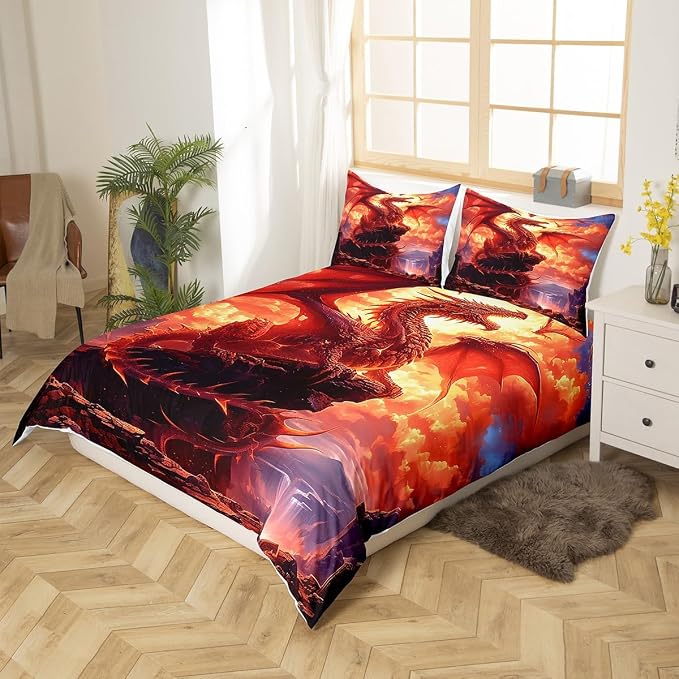 3D Dragon Duvet Cover Set Twin Size,Sunset Mountain Scenery Romantic Bedding Set,Boys Men Room Decor,Gothic Wildlife Western Animals Comforter Cover,Orange Quilt Cover,1 Pillowcase(No Filler)