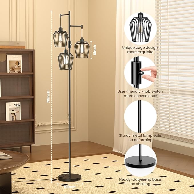 SIBRILLE Dimmable Floor Lamp, Farmhouse Industrial Floor Lamp with Elegant Cage & 3 x 1000LM LED Bulbs, Tall Standing Lamp Black Tree Floor Lamps for Living Room Bedroom Office