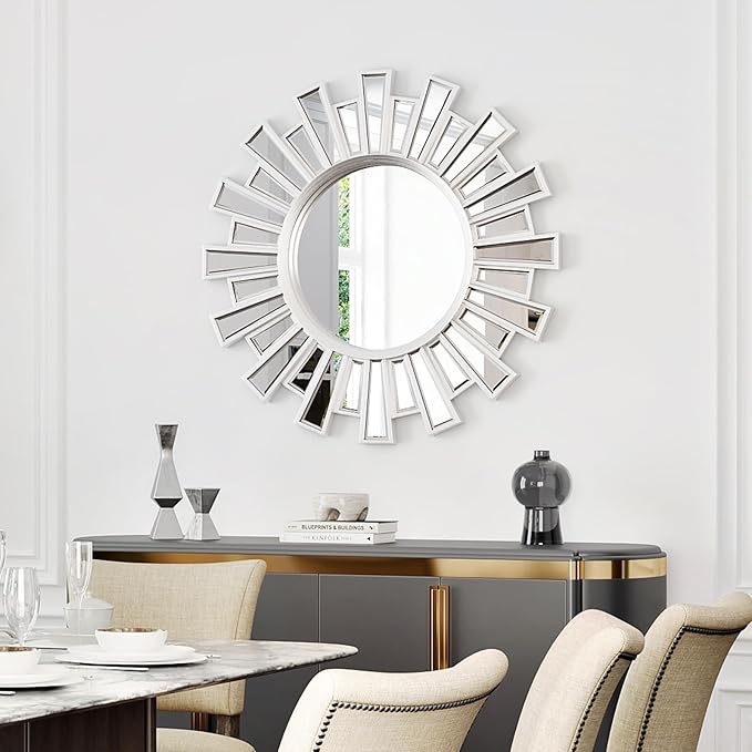 Round Sunburst Decor Mirror - 24" Silver Wall Art Mirror with Metal Frame, Starburst Wall Decorative for Entryway, Bedroom, Fireplace, Living Room