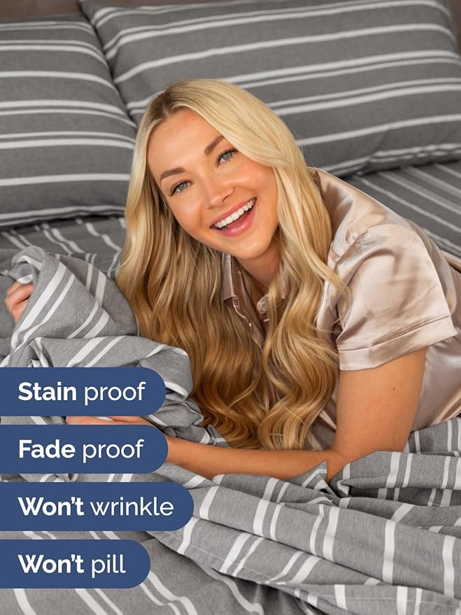 Extra Deep Cal King Sheet Set - 6 Piece Breathable and Cooling Sheets - Hotel Luxury Bedding for Women, Men, Kids & Teens - Easy Secure Fit - Soft & Wrinkle Free - Extra Deep Pockets - Grey Stripes