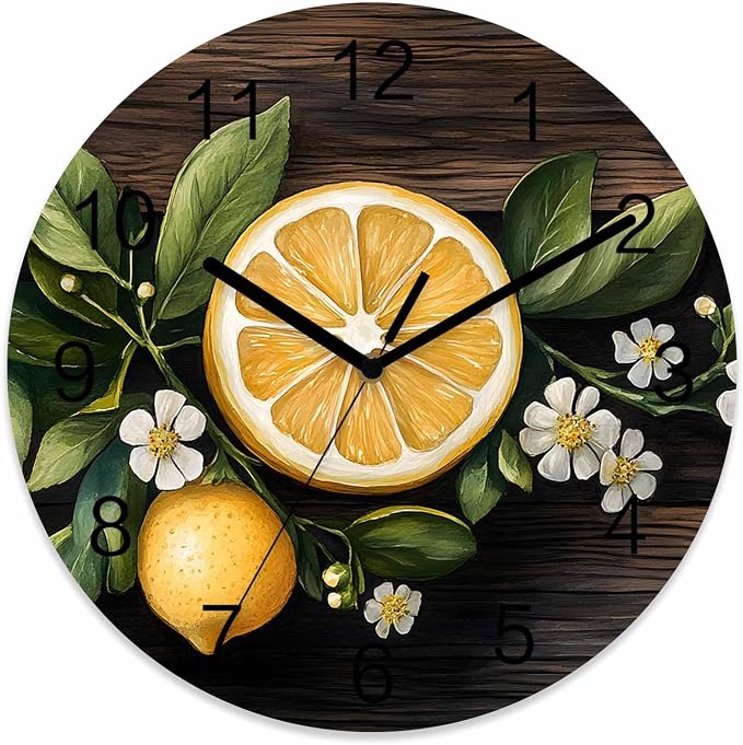 Lemon Flowers Wall Clock Battery Operated Non-Ticking 12" Round Wood Clocks, Vintage Style Kitchen Wall Clock for School Bathroom Living Room Home Office Wall Decor