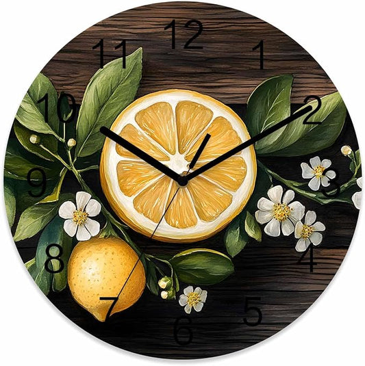 Lemon Flowers Wall Clock Battery Operated Non-Ticking 10" Round Wood Clocks, Vintage Style Kitchen Wall Clock for School Bathroom Living Room Home Office Wall Decor